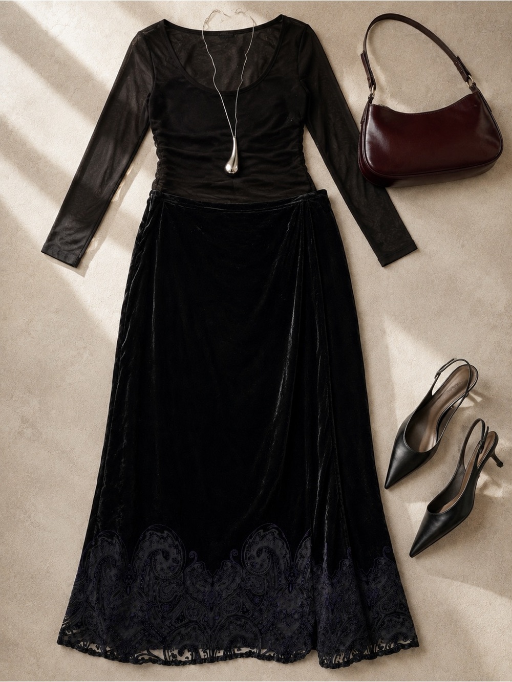 Mirasol Woman Black Velvet Maxi Skirt 1X Purple Paisley Beaded Y2K Goth